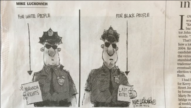 A photo of a cartoon that ran in the opinion section of Monday's 'Boston Globe'.
